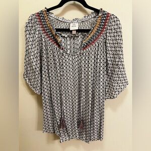 Knox Rose Black and White Geometric Blouse with Colorful Accents